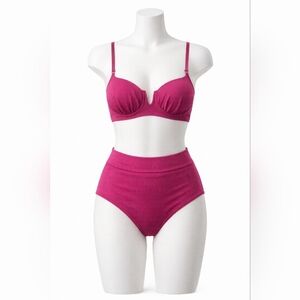 Ribbed Underwire Bikini 2-Piece Set XL High Waisted Magenta/fuchsia Pink NEW